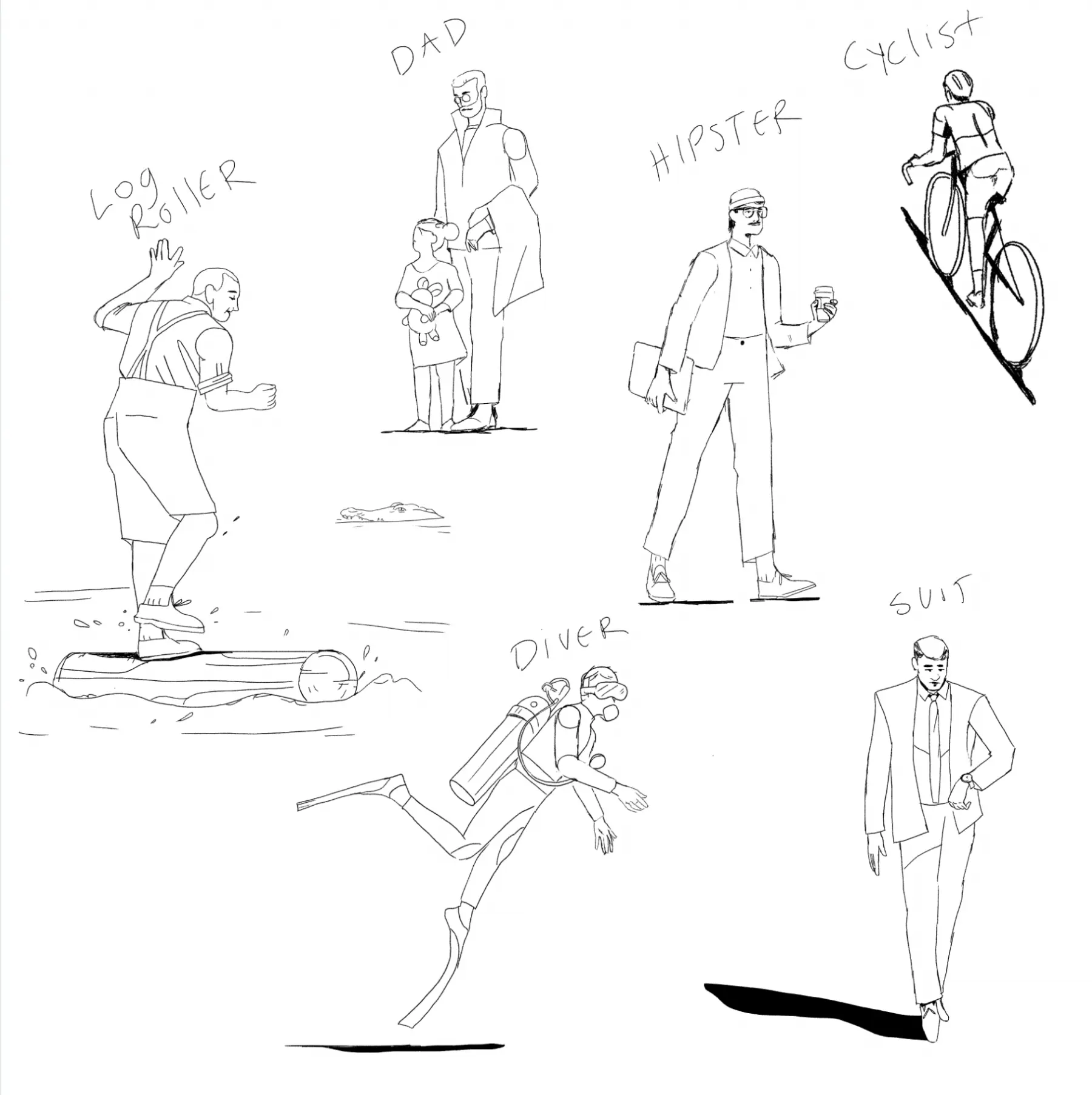 Sketches with the names of each character